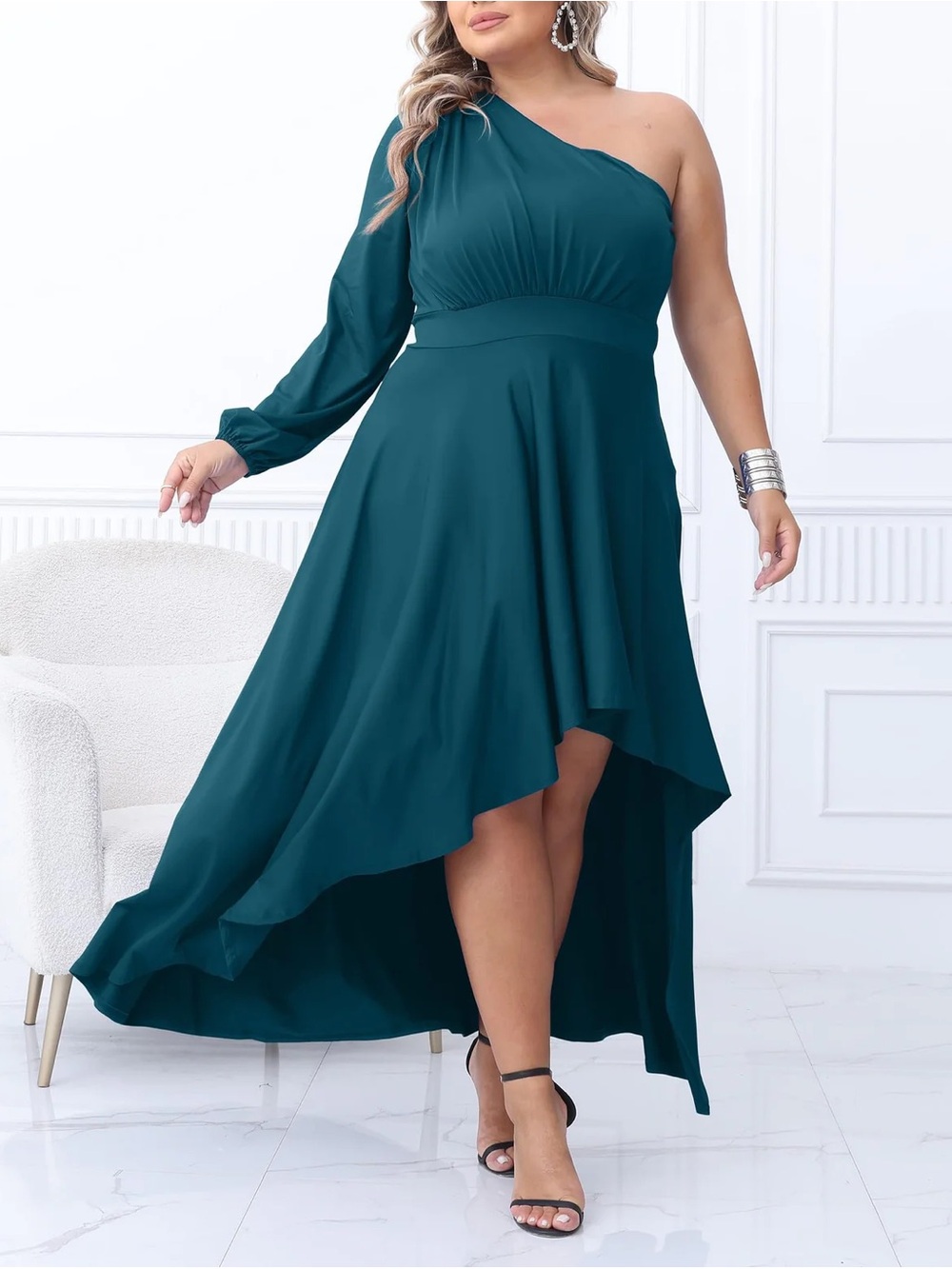 One-Shoulder Teal High-Low Evening Dress